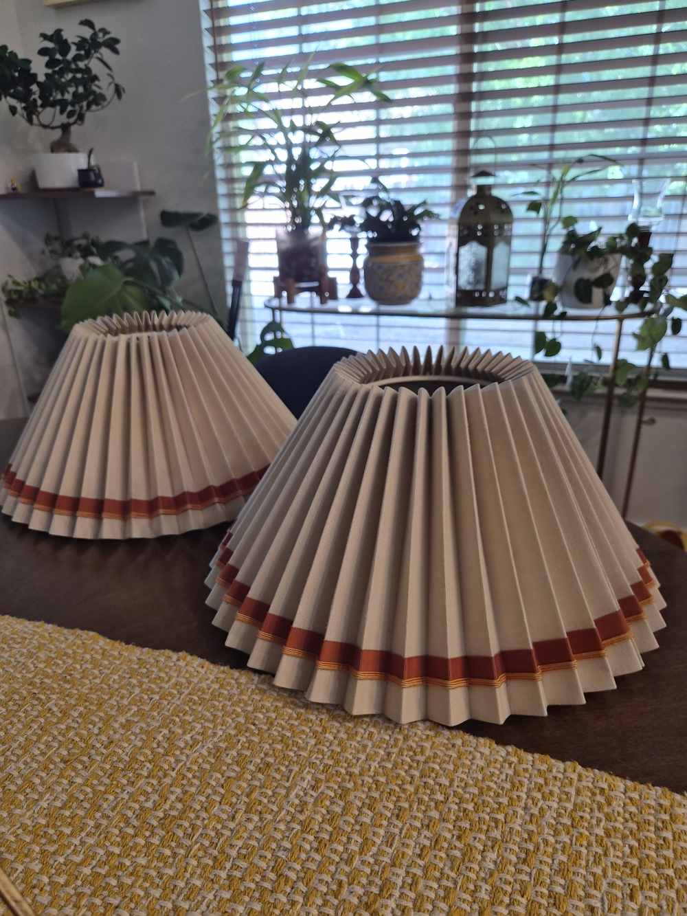 Vintage Cream Pleated Lamp Shade with Red and Orange Trim